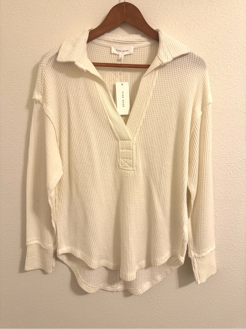 Pink Rose Cream Waffle Knit Oversized Collared Pullover Top Small NWT